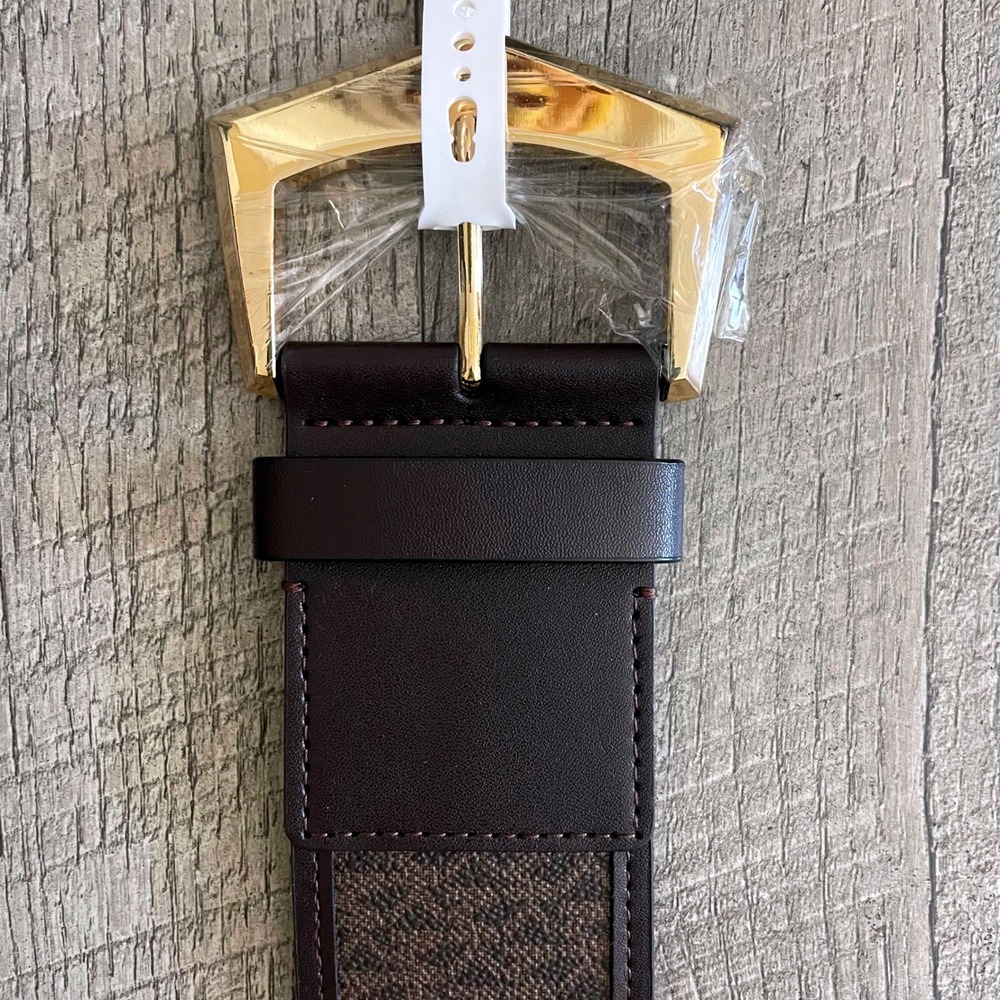 Michael Kors Women Brown Monogram Stretch Waist Belt Gold Buckle Size S 556305C